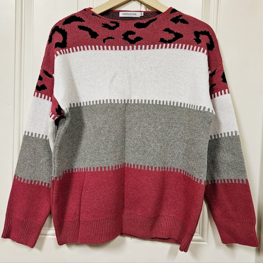 Misslook leopard color block pink grey white tight knit sweater size XS